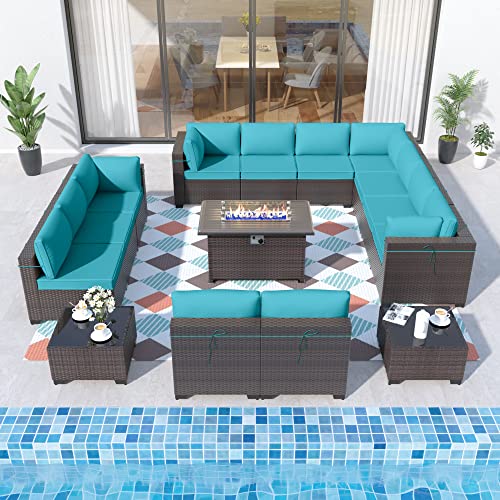 ALAULM 15 Pieces Outdoor Patio Furniture Set with Propane Fire Pit Table Outdoor Sectional Sofa Sets Patio Furniture 43" Gas Fire Pit Brown PE Rattan Patio Conversation Set w/12 Cushions (Blue)
