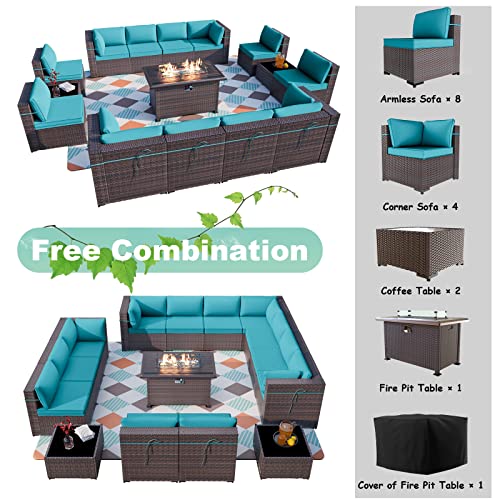 ALAULM 15 Pieces Outdoor Patio Furniture Set with Propane Fire Pit Table Outdoor Sectional Sofa Sets Patio Furniture 43" Gas Fire Pit Brown PE Rattan Patio Conversation Set w/12 Cushions (Blue)