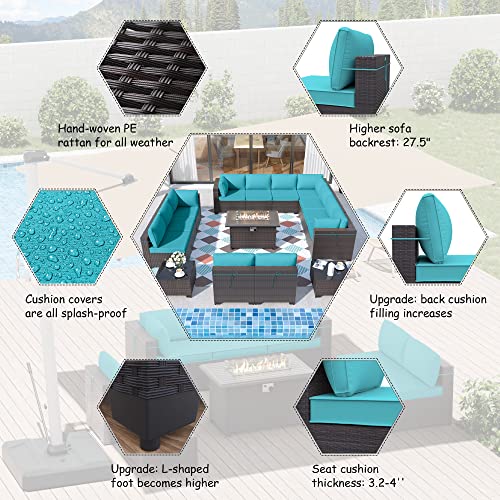 ALAULM 15 Pieces Outdoor Patio Furniture Set with Propane Fire Pit Table Outdoor Sectional Sofa Sets Patio Furniture 43" Gas Fire Pit Brown PE Rattan Patio Conversation Set w/12 Cushions (Blue)